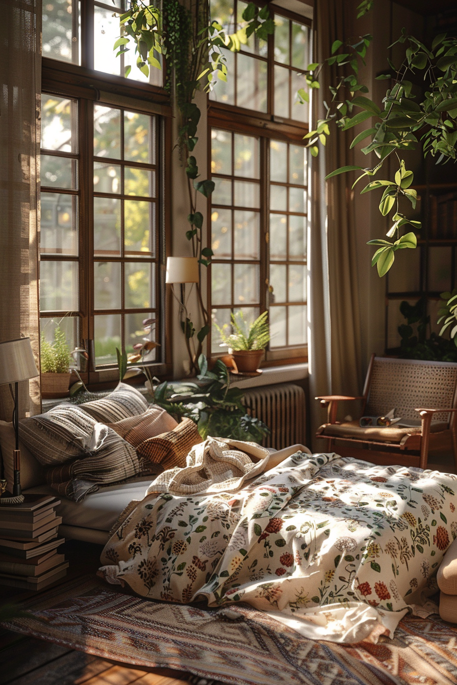 Cozy sunlit room with large windows, indoor plants, patterned bedding, and comfortable seating area with cushions and a wooden chair.