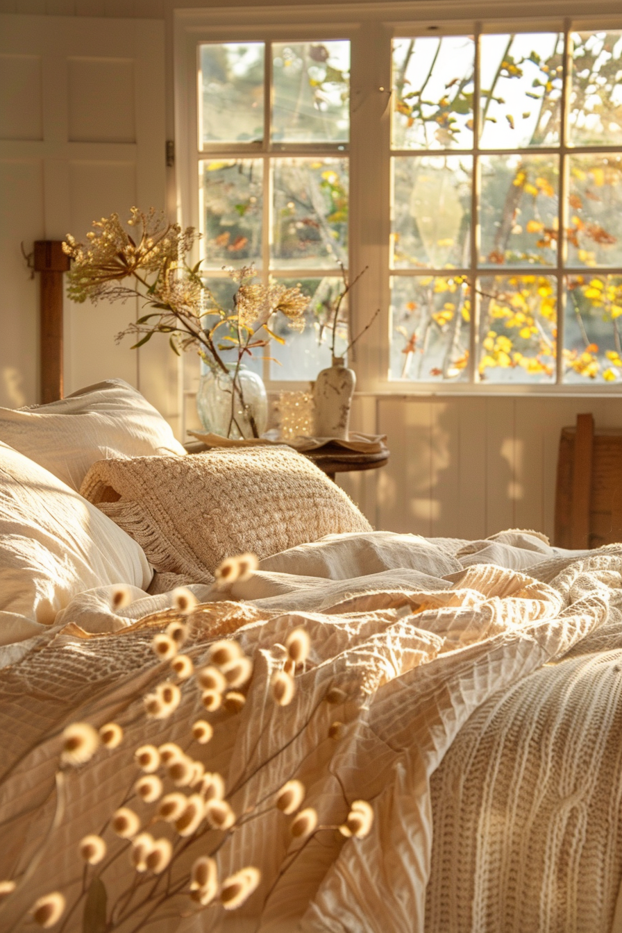 Cozy bedroom with sunlight filtering through window, warming a bed adorned with textured blankets and dried flowers on a side table.
