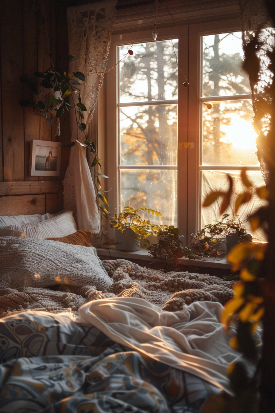 Cozy bedroom scene with warm sunlight streaming through a window, indoor plants, and a messy bed with blankets.