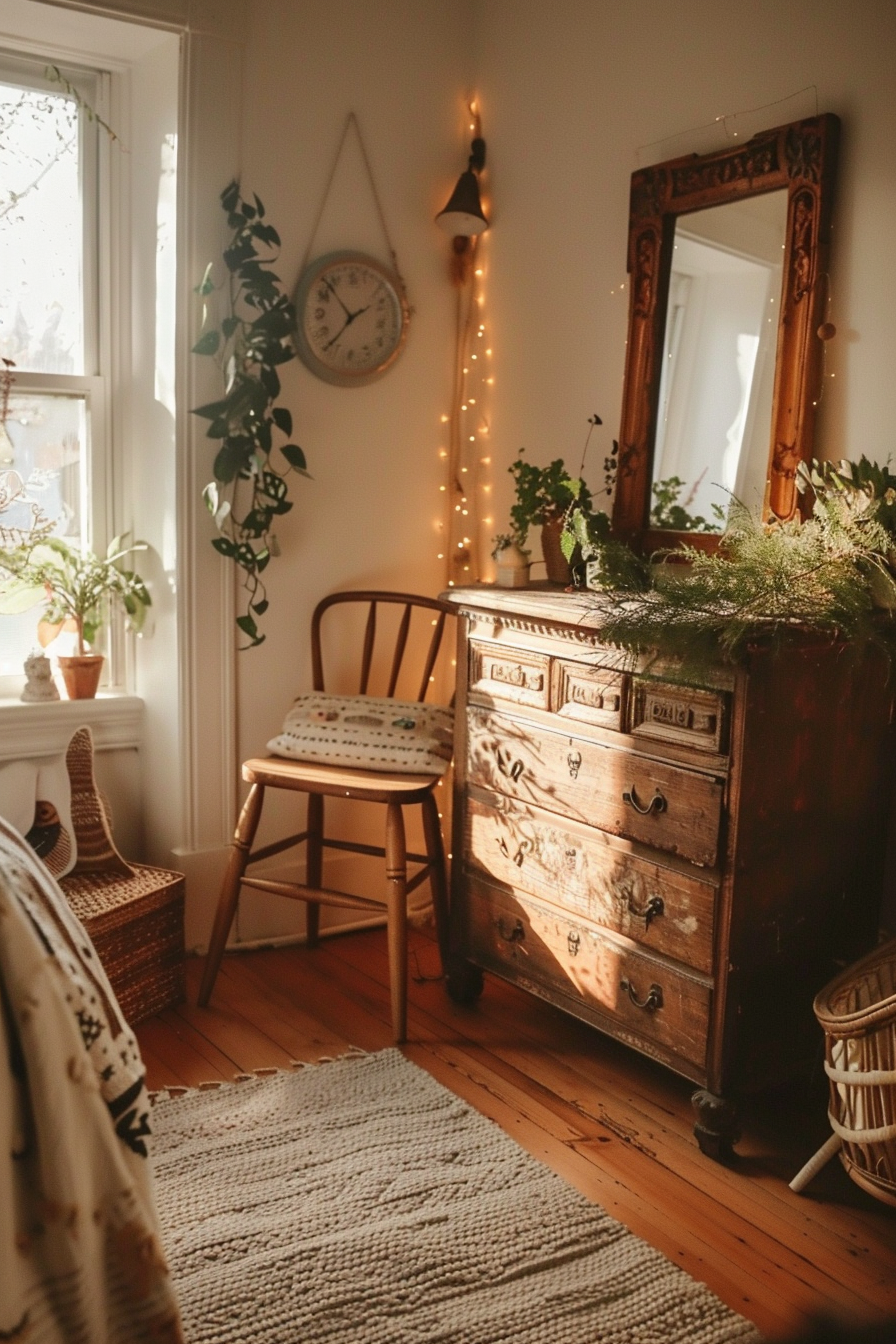 Cozy room corner with an antique dresser, mirror, fairy lights, a plant, wooden chair and a vintage clock in warm lighting.
