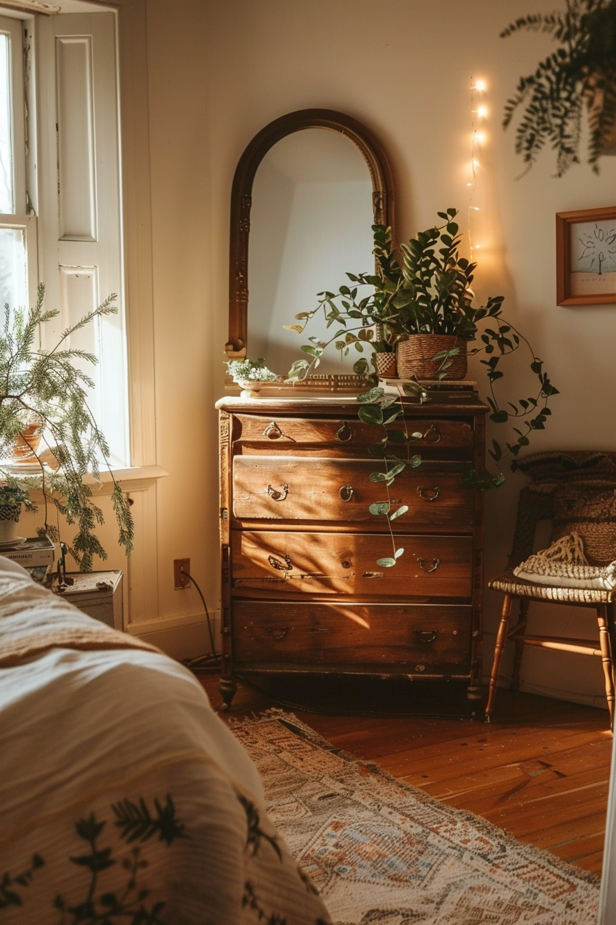Cozy bedroom corner with a vintage wooden dresser, mirror, potted plants, string lights, and patterned rug, bathed in warm sunlight.