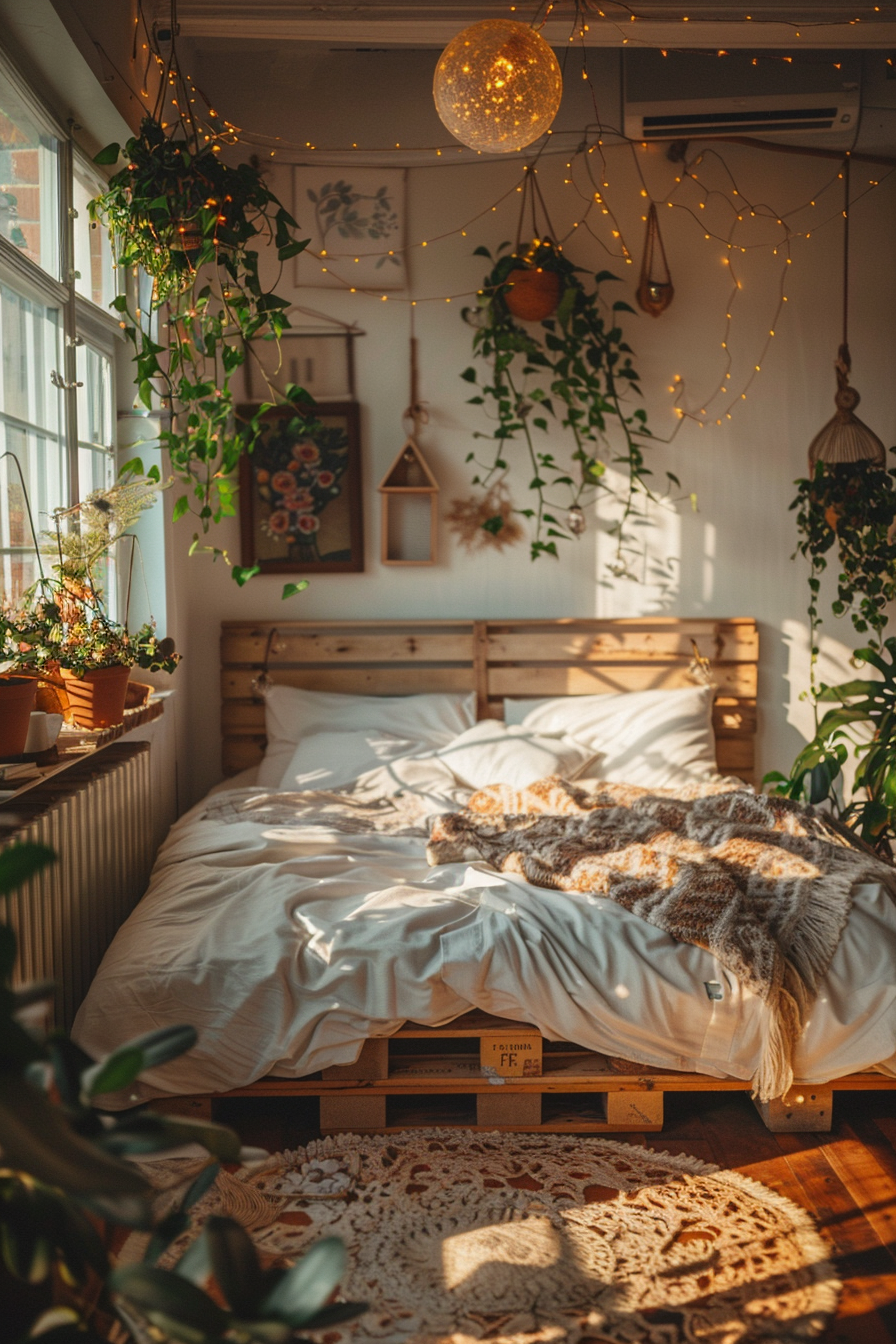 Cozy bedroom with plants hanging, fairy lights, a wooden pallet bed with white sheets, and a warm knitted blanket in sunlight.