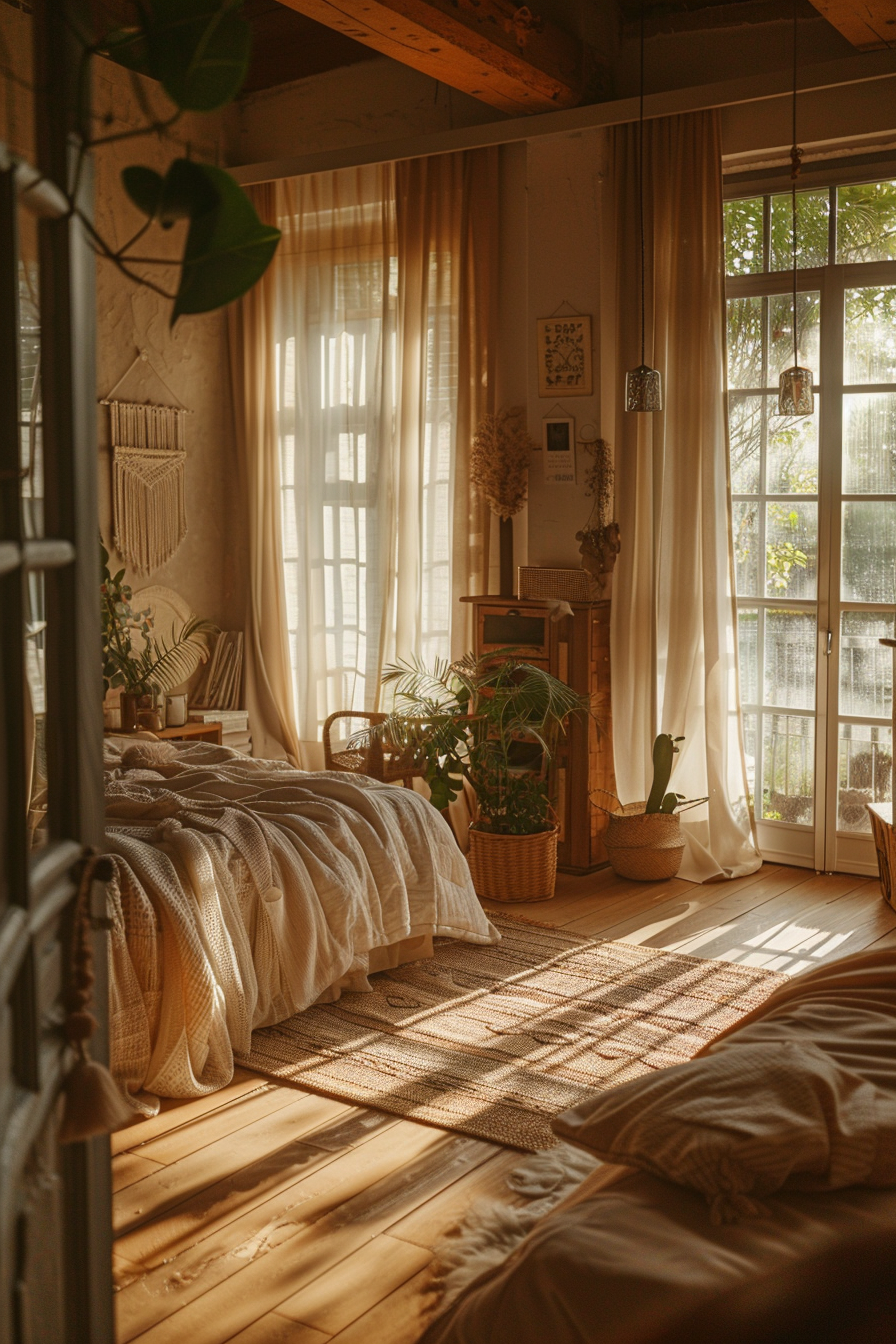 A cozy bedroom with warm sunlight filtering through sheer curtains, wooden floors, plants, and rustic decor.