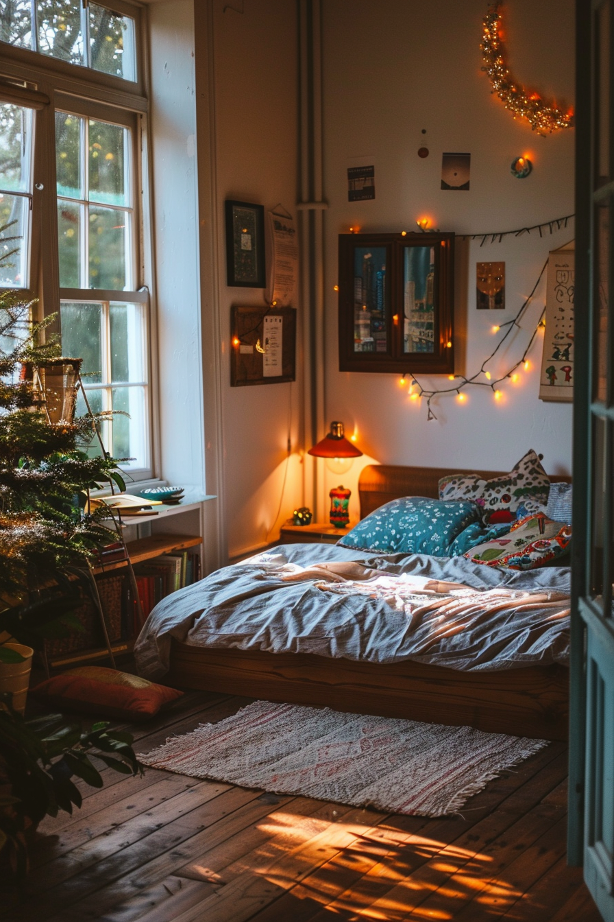 Cozy bedroom with a festive atmosphere, featuring a Christmas tree, string lights, and a warm illuminated bedside lamp.