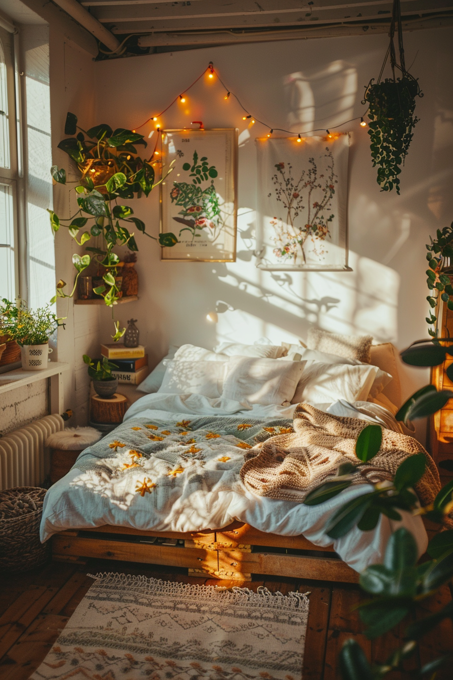 Cozy bedroom corner with a bed bathed in warm light, surrounded by plants, string lights, and botanical art.