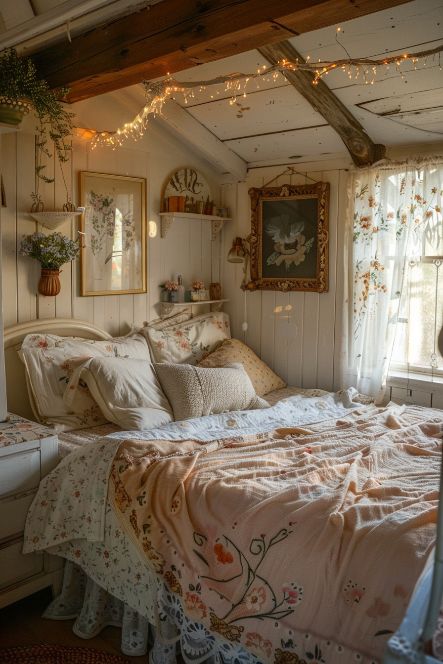 Cozy cottage bedroom with floral bedding, fairy lights, and rustic wooden beams, evoking a warm, vintage ambiance.