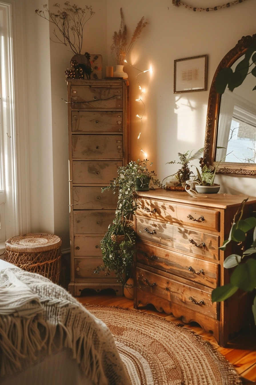 Cozy room corner with vintage wooden dressers, plants, mirror, string lights, and woven decorations, bathed in warm sunlight.