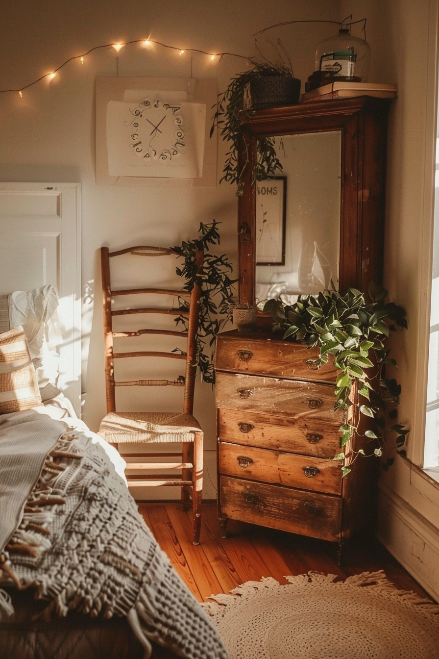 Cozy bedroom corner with string lights, vintage wooden dresser, mirror, chair, and plants with warm sunlight filtering in.