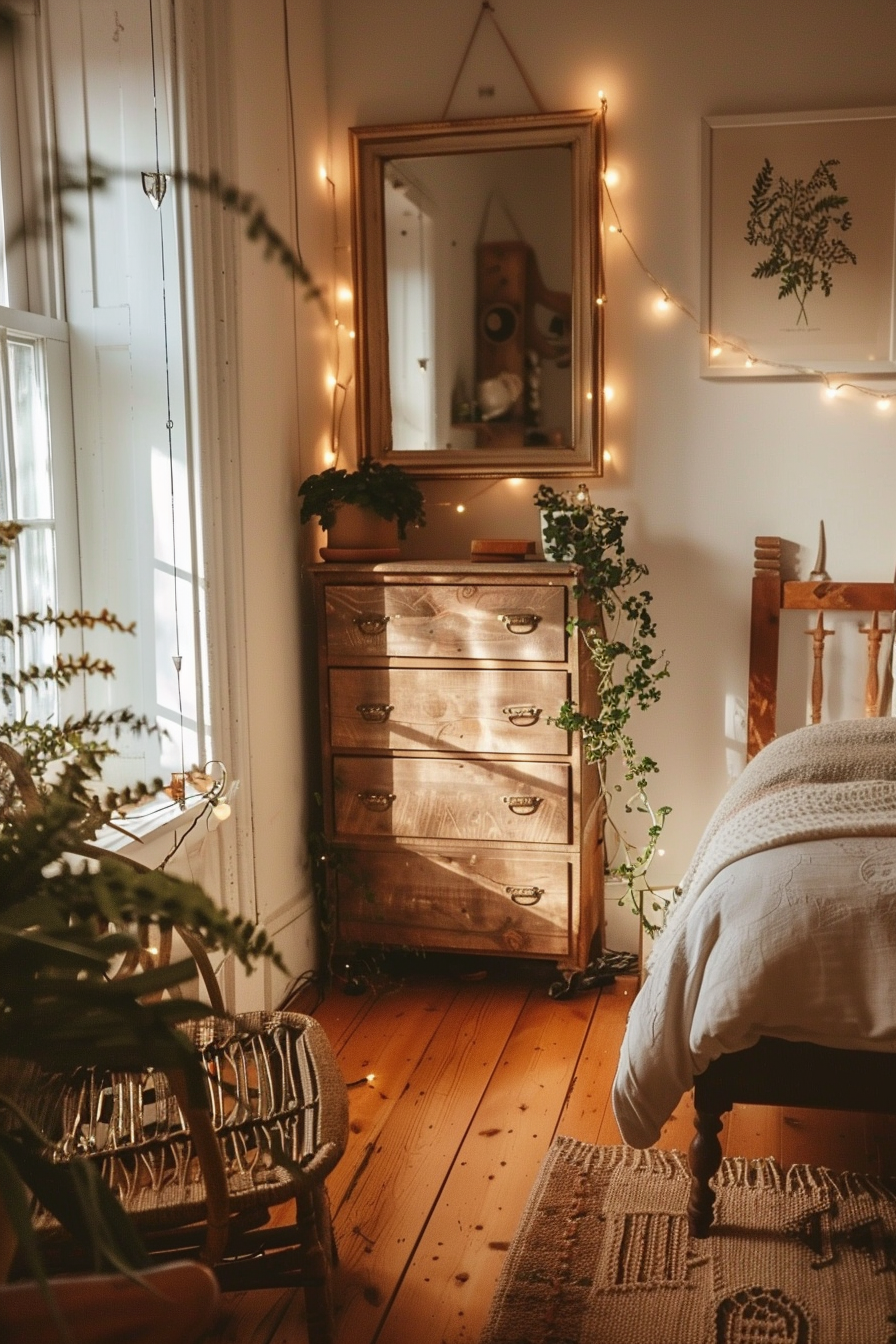 Cozy bedroom corner with twinkling string lights, vintage wooden dresser, mirror, potted plants, and a part of a bed with white linens.