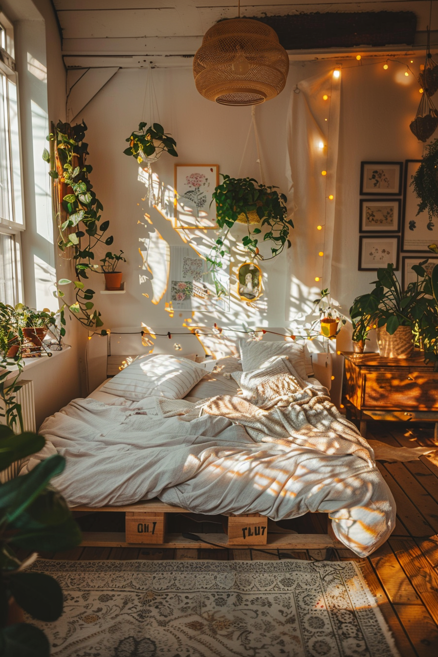 Cozy bedroom with warm sunlight filtering through, plants hanging by the window, fairy lights, and a bed with white linens.