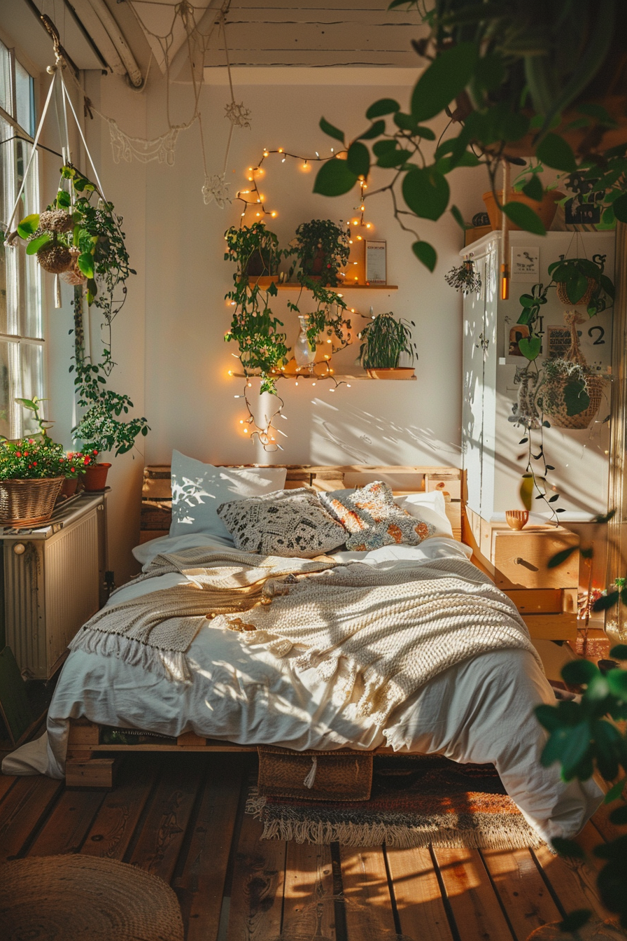 A cozy bedroom bathed in warm sunlight, with lush green plants, string lights, and a comfy bed with decorative pillows.