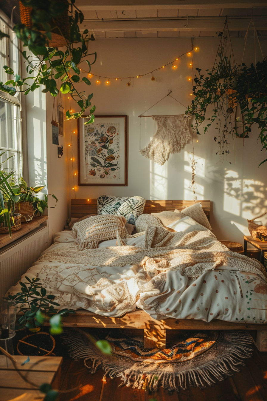 Cozy bedroom with a bed covered in textured linens, surrounded by plants, string lights, and bohemian decor, bathed in warm sunlight.