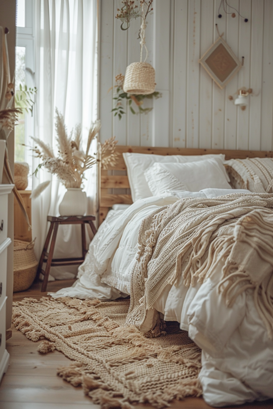 Cozy bedroom with white bedding, knit blankets, rustic decor, wooden paneling, and a warm, textured rug on the floor.