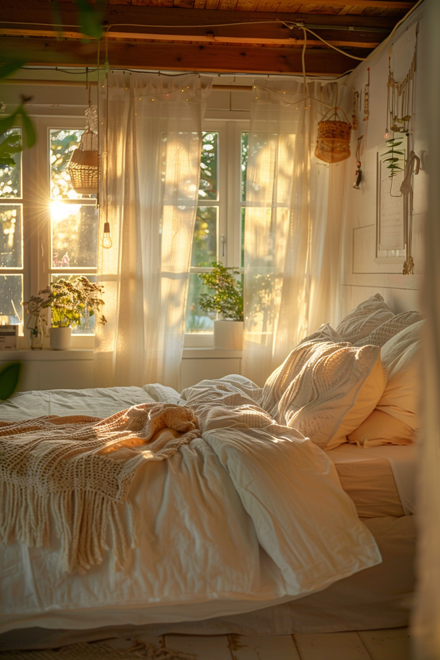 Cozy bedroom bathed in warm sunlight filtering through sheer white curtains, with a comfortable bed and decorative plants.