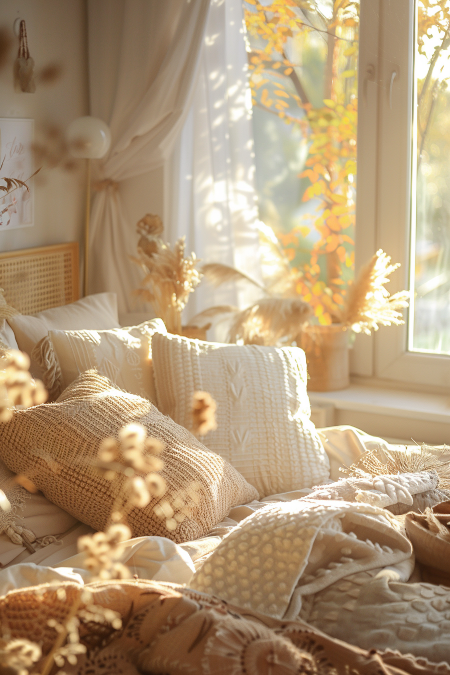 A cozy sunlit corner with a window, sheer curtains, and an assortment of textured pillows and dried flowers.