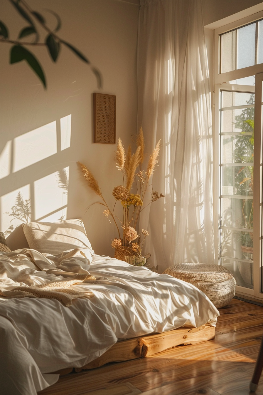 Cozy bedroom bathed in warm sunlight with a made bed, sheer curtains, and dried flowers by the window, evoking a tranquil morning.