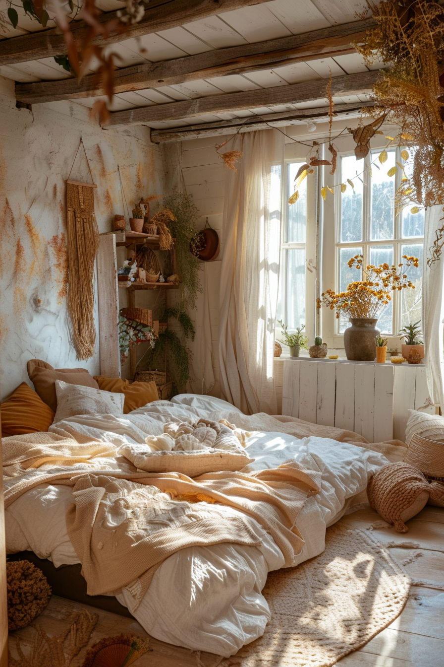Cozy rustic bedroom with sunlight streaming through windows, adorned with plants and warm-toned bedding.