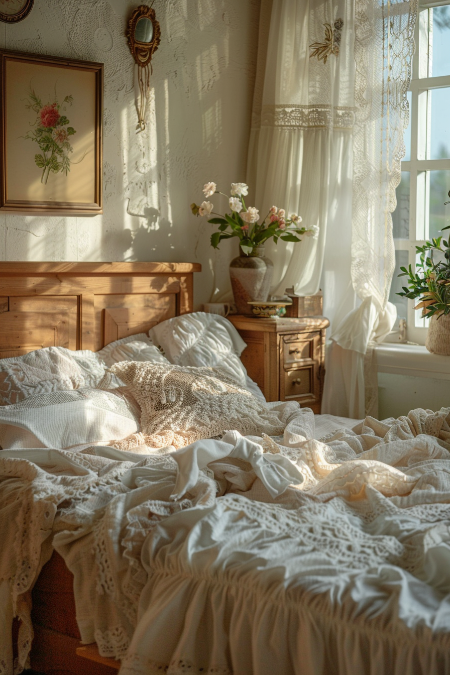 Sunlit cozy bedroom with an unmade bed adorned with lace linens, wooden furniture, plants, and vintage decor.