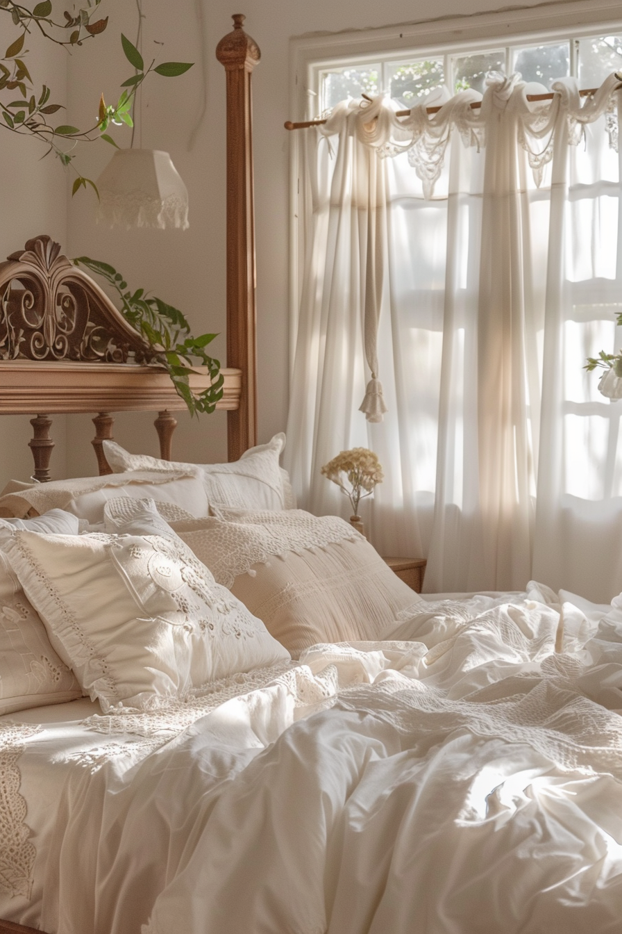 A cozy bedroom with sunlight filtering through sheer curtains, casting a warm glow on an ornate bed with plush pillows and a rumpled white duvet.
