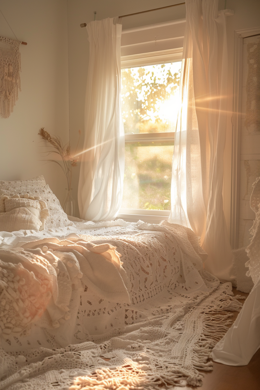 A cozy bedroom with a bed draped in lace and linens, bathed in warm sunlight filtering through sheer curtains by an open window.
