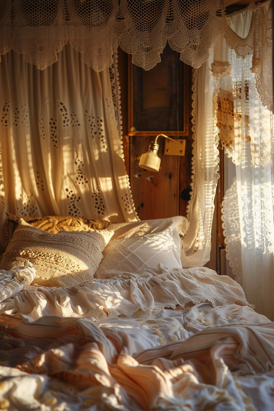 Warm sunlight filters through lace curtains onto a cozy, unmade bed with textured pillows and rumpled blankets.