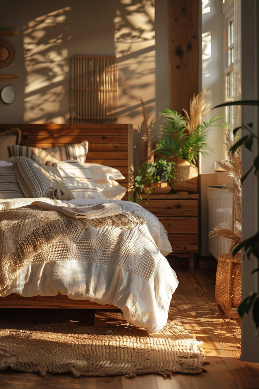 ALT: Cozy bedroom bathed in warm sunlight with a wooden bed, white linens, beige throw blanket, and plants creating a serene atmosphere.