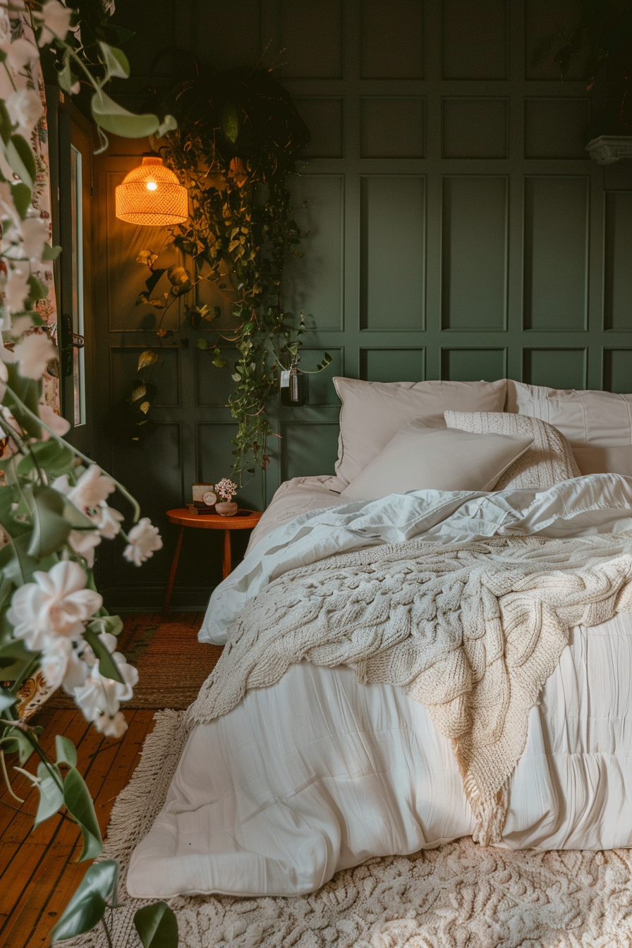A cozy bedroom with an inviting bed, white linens, a knitted throw, and ambient lighting surrounded by green plants and dark green walls.