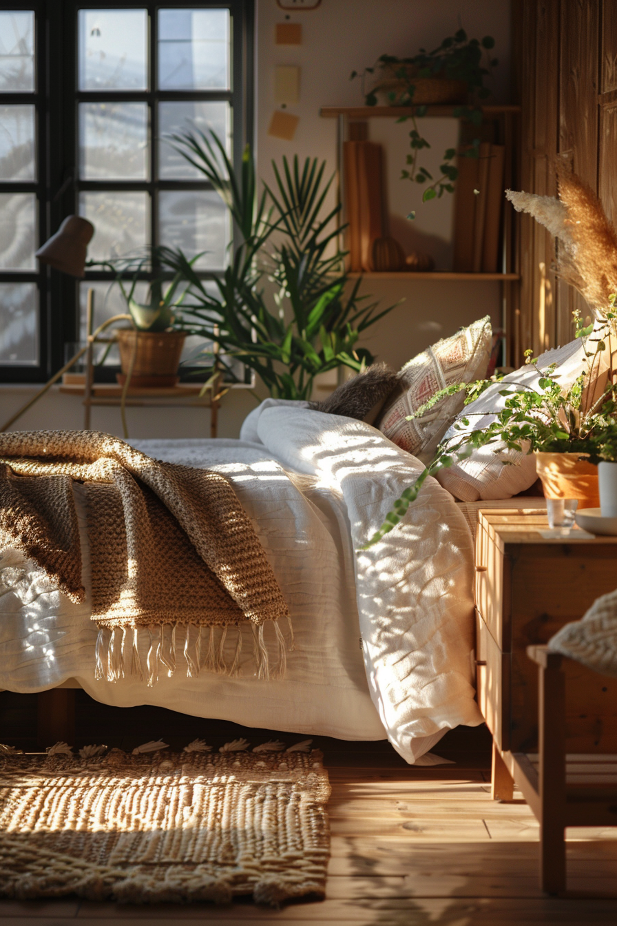 Cozy sunlit bedroom with plants, a comfortable bed adorned with textured blankets, and rustic wooden furniture.
