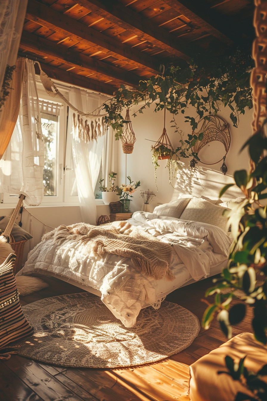 Cozy bedroom illuminated by warm sunlight with a comfortable bed, wooden ceiling, hanging plants, and bohemian-style decor.
