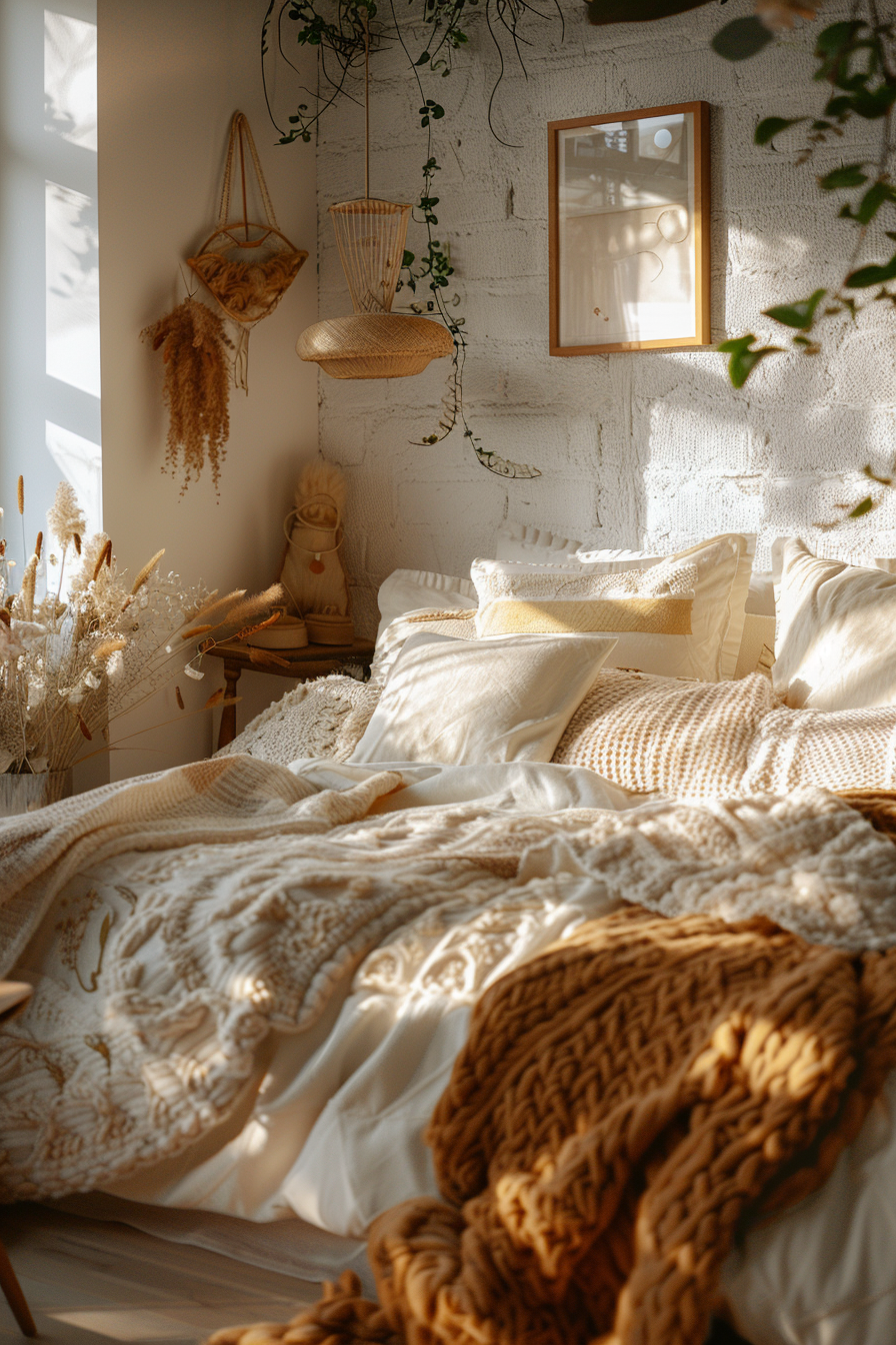 Cozy bedroom with sunlight filtering in, featuring a bed with textured blankets, hanging plants, and bohemian decor.
