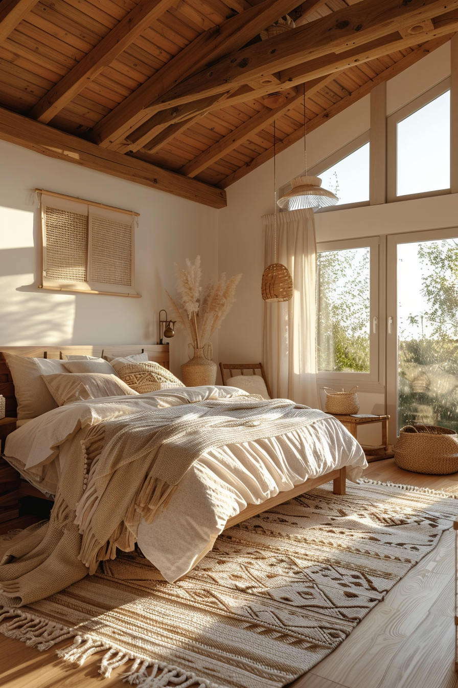 Cozy bedroom with warm sunlight, wooden ceiling beams, large window, neutral tones, and textured linens and rug.