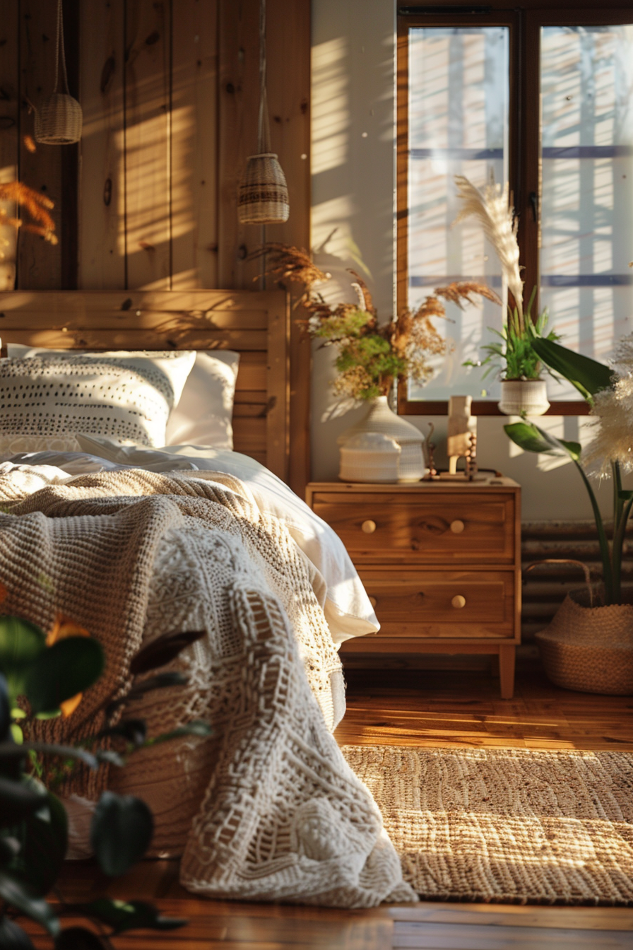 Cozy bedroom corner with sunlight filtering through window blinds, knitted throw on bed, plants, and wooden furniture.