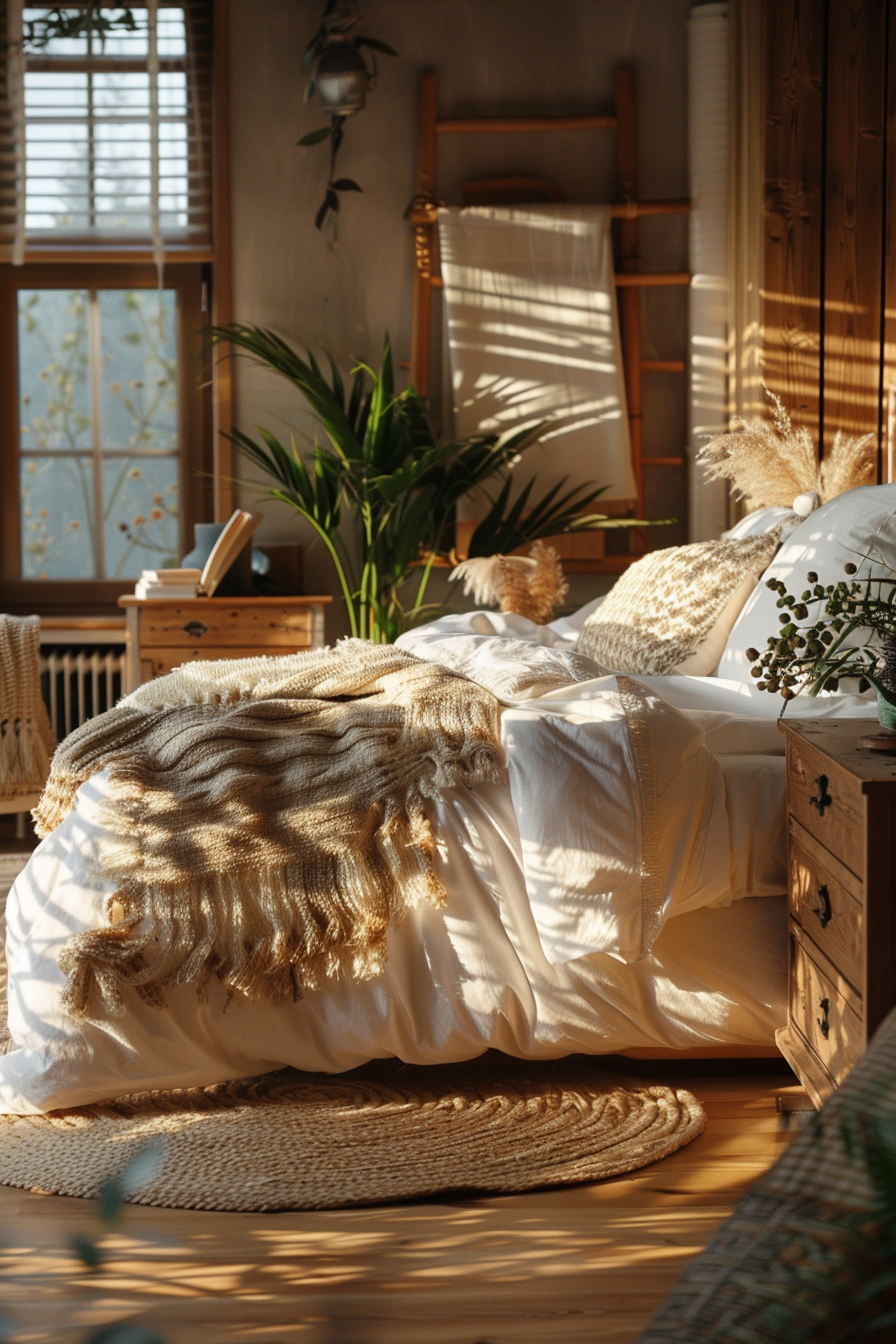 Cozy bedroom bathed in warm sunlight with a plush bed, decorative plants, and rustic wooden furniture.