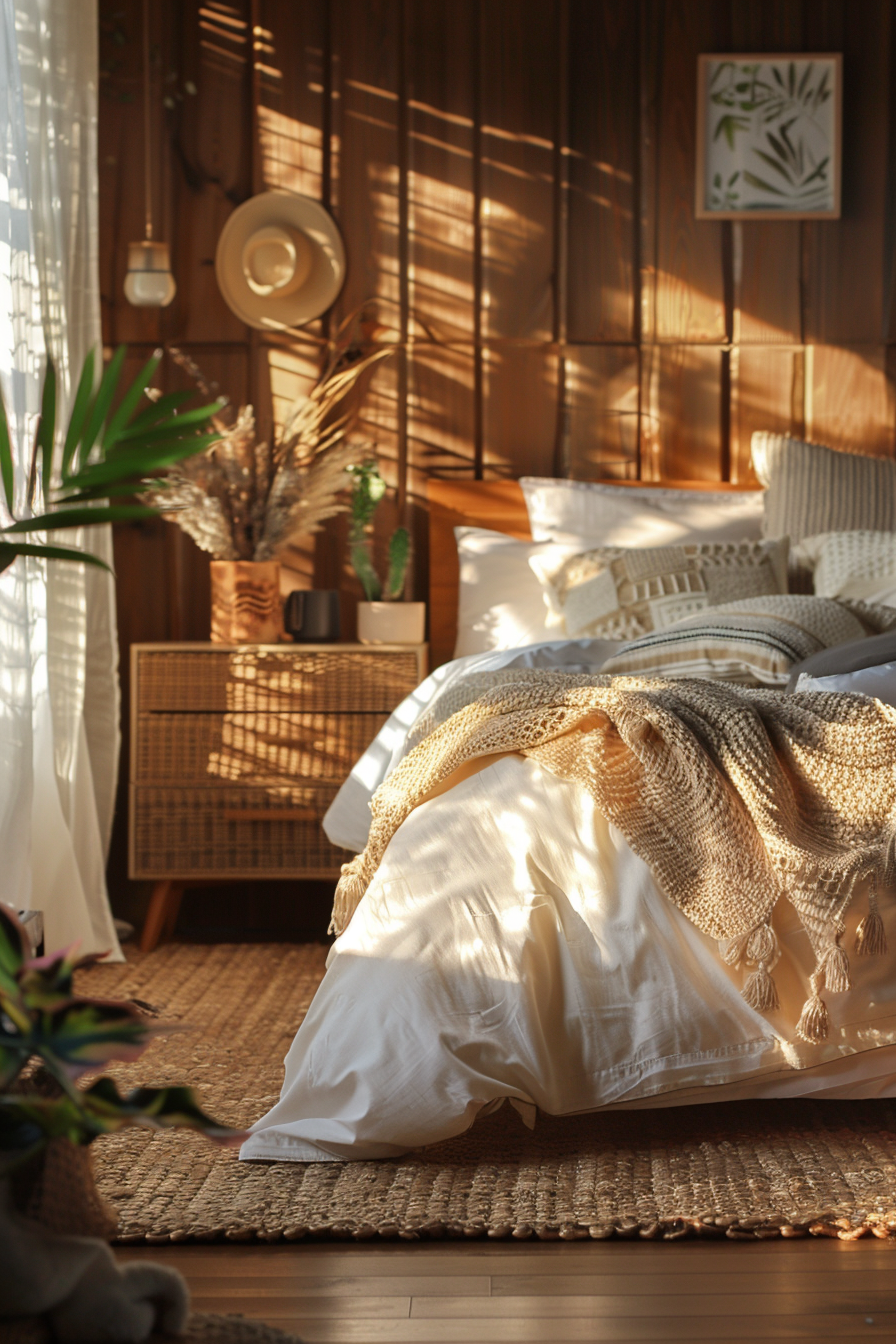 Cozy bedroom corner with sunlight casting shadows through blinds, a bed with plush pillows and a knit throw, and warm wooden decor.
