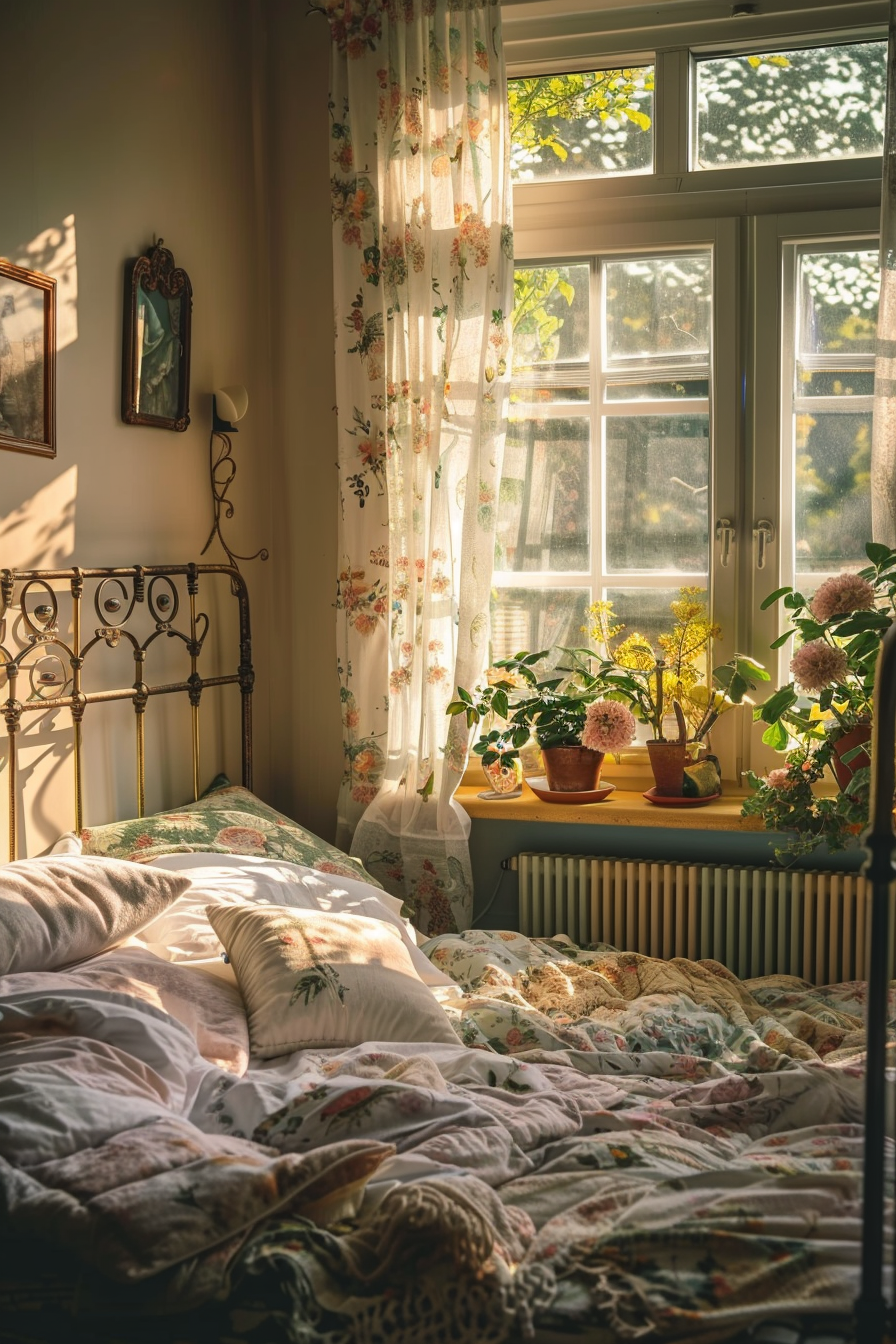 Cozy vintage bedroom with sunlight streaming through a floral curtain, casting shadows on an unmade bed and potted plants on the windowsill.