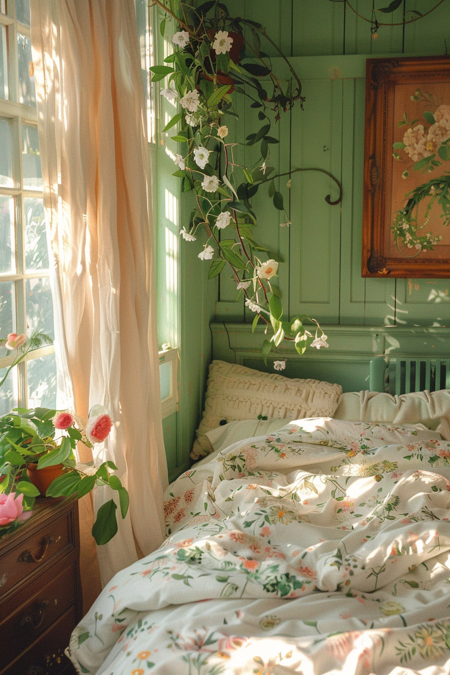 A cozy bedroom with floral bedding, a sunlit sheer curtain at a window, green walls, hanging plants, and framed botanical art.