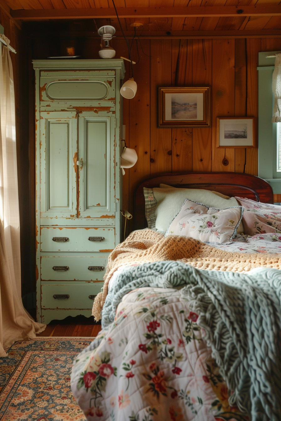 Cozy vintage bedroom with distressed turquoise wardrobe, wooden walls, patterned bedding, and framed pictures.