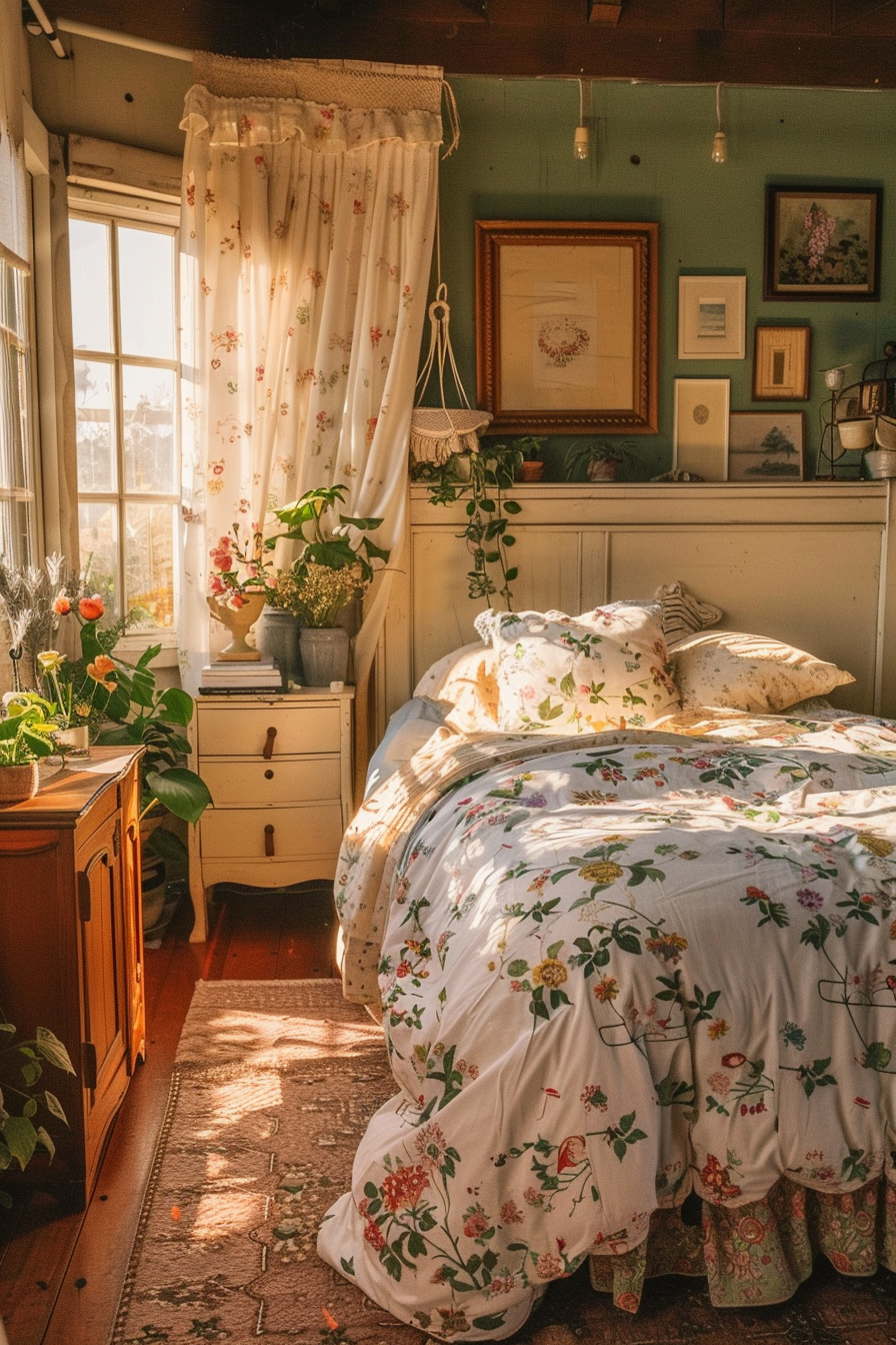 Cozy vintage bedroom with floral bedding, wooden furniture, plants by the window, and warm sunlight filtering through sheer curtains.