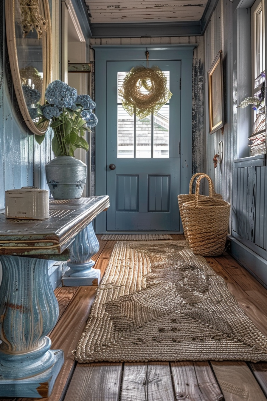 Quaint hallway with a blue door, rustic table with hydrangeas, woven basket, and a textured rug under natural light.