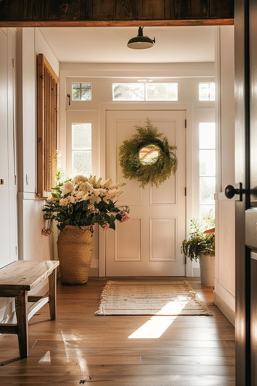 Cozy home entryway with sunlight filtering in, a wooden bench, and a large floral arrangement by the door adorned with a green wreath.