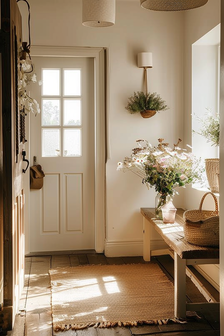Warmly lit entryway with a white door, a wooden bench with flowers, hanging plants, and a textured rug on tiled flooring.