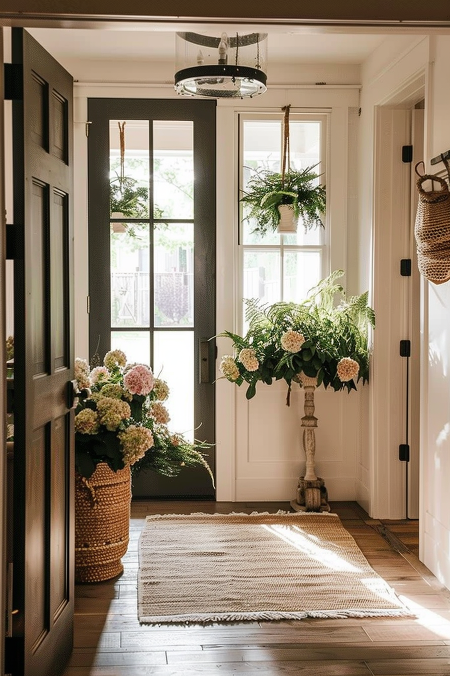 Bright entryway with open door, hanging plants, wicker baskets, and a large floral arrangement on a pedestal next to a woven rug.