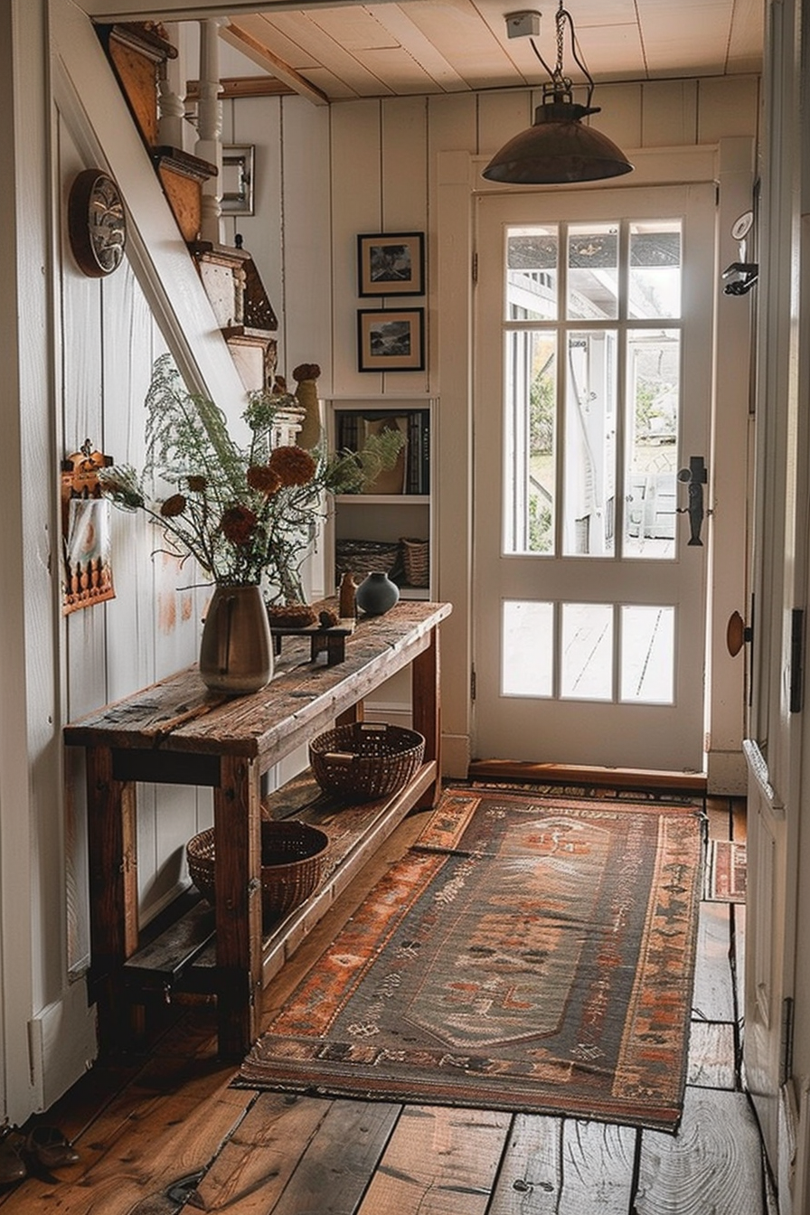 Cozy home entryway with rustic wooden bench, decorative flowers, and oriental rug leading to a glass-paneled door with natural light.