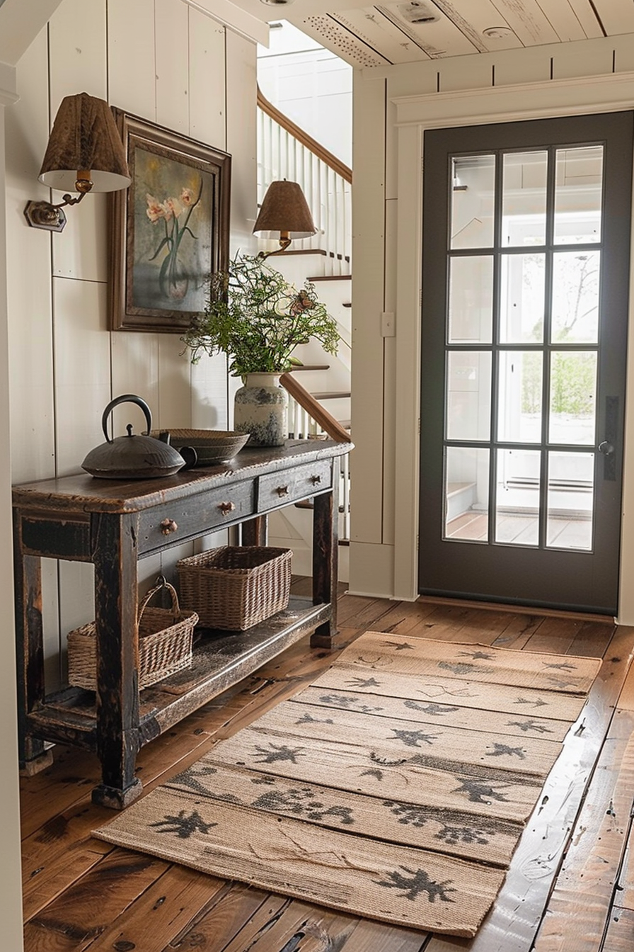 Cozy entryway with rustic wooden table, wall-mounted lamps, floral painting, and patterned rug on wooden flooring by a glass-paneled door.