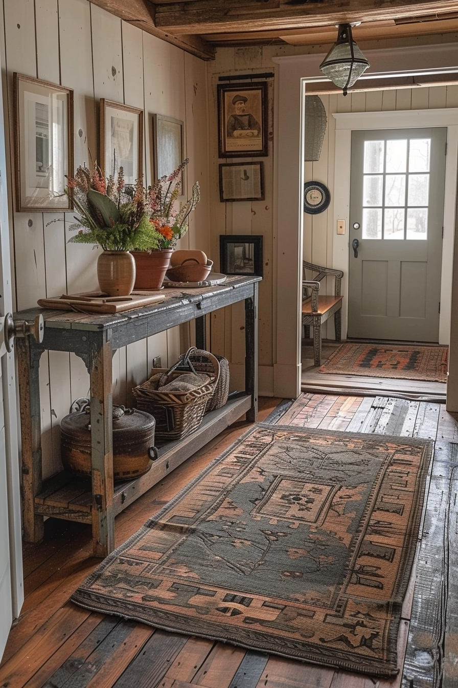 A cozy vintage entryway featuring a wood bench with a flower vase, woven baskets, rustic decorations, and patterned rugs on a wooden floor.