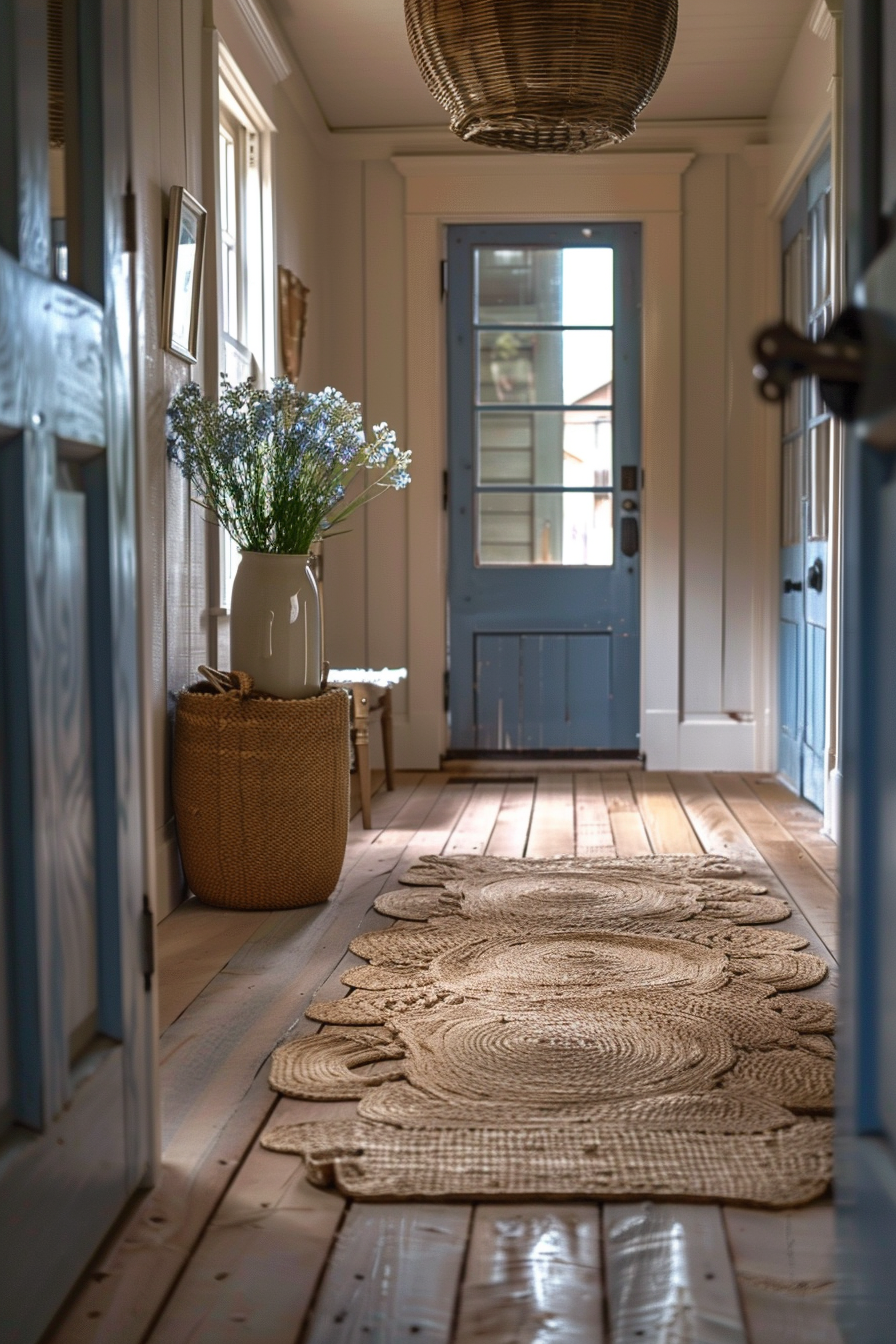 ALT: A cozy hallway with a wooden floor, braided rugs, a woven basket with flowers, and a blue door allowing natural light in.
