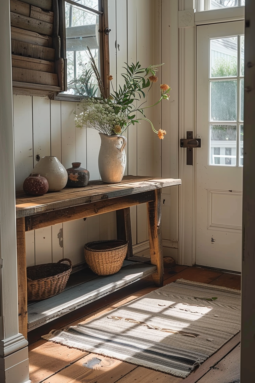 A rustic entryway with a wooden table holding vases and flowers, beside a window casting sunlight on a woven rug.