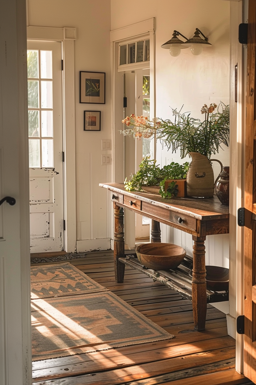 Warm sunlight filters through a cozy hallway with a rustic wooden table, potted plants, and a patterned rug on wooden floors.