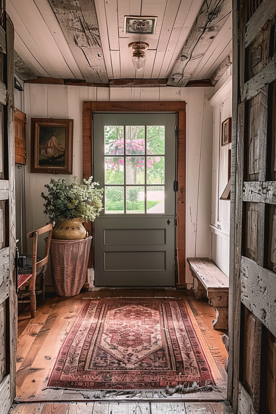 Cozy vintage hallway with a wooden bench, decorative rug, and a door leading to a garden with a view of pink flowers outside.