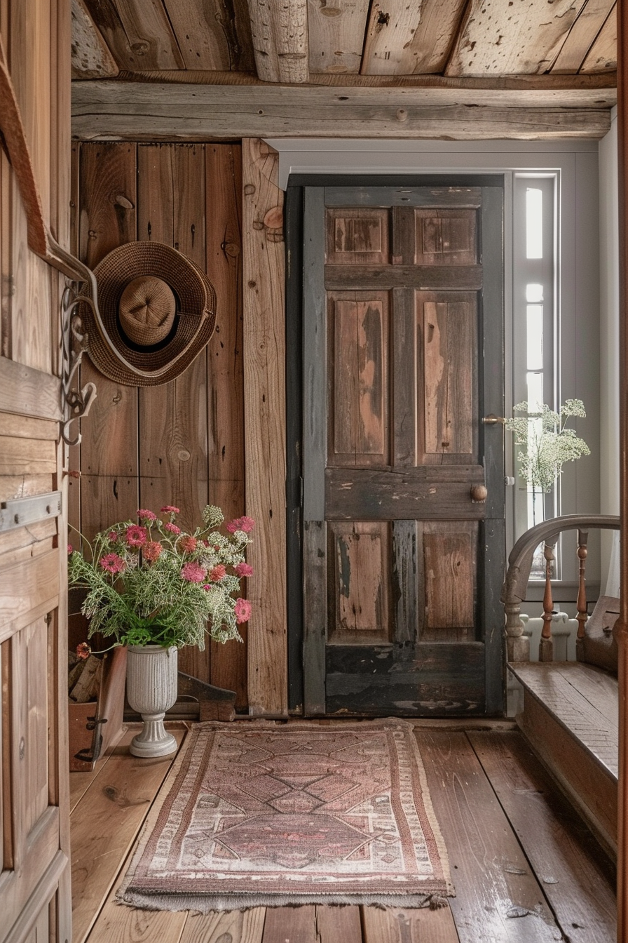 A cozy hallway with rustic wood paneling, an aged wooden door slightly ajar, a straw hat hanging on the wall, a vase with flowers, and a patterned rug.